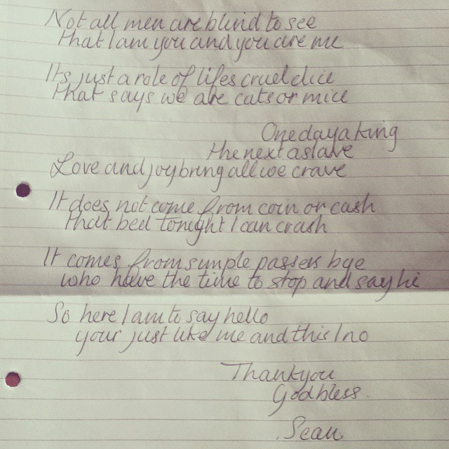 Homeless fella called Sean wrote me this poem. Top bloke. #manchester #poem #poetry